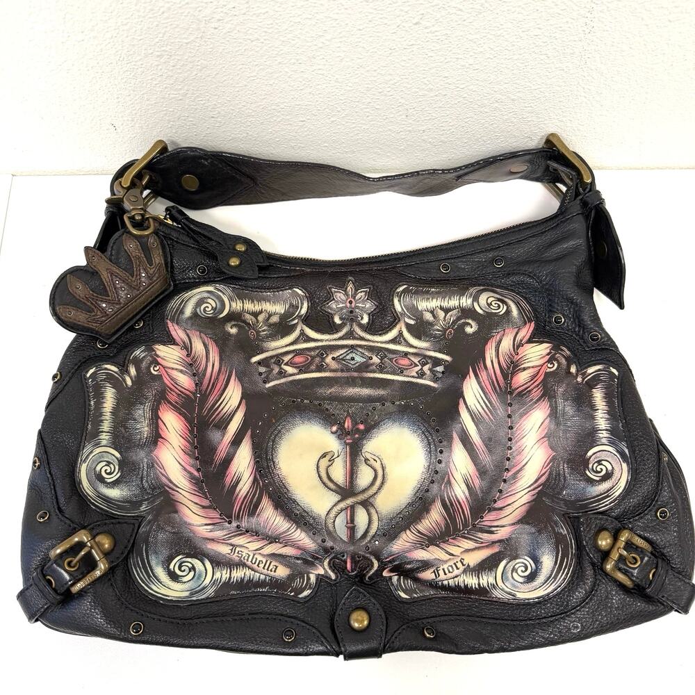 Isabella Fiore Vintage Tattoo Bag Purse Leather Hobo Crown Heart Feathers Y2K